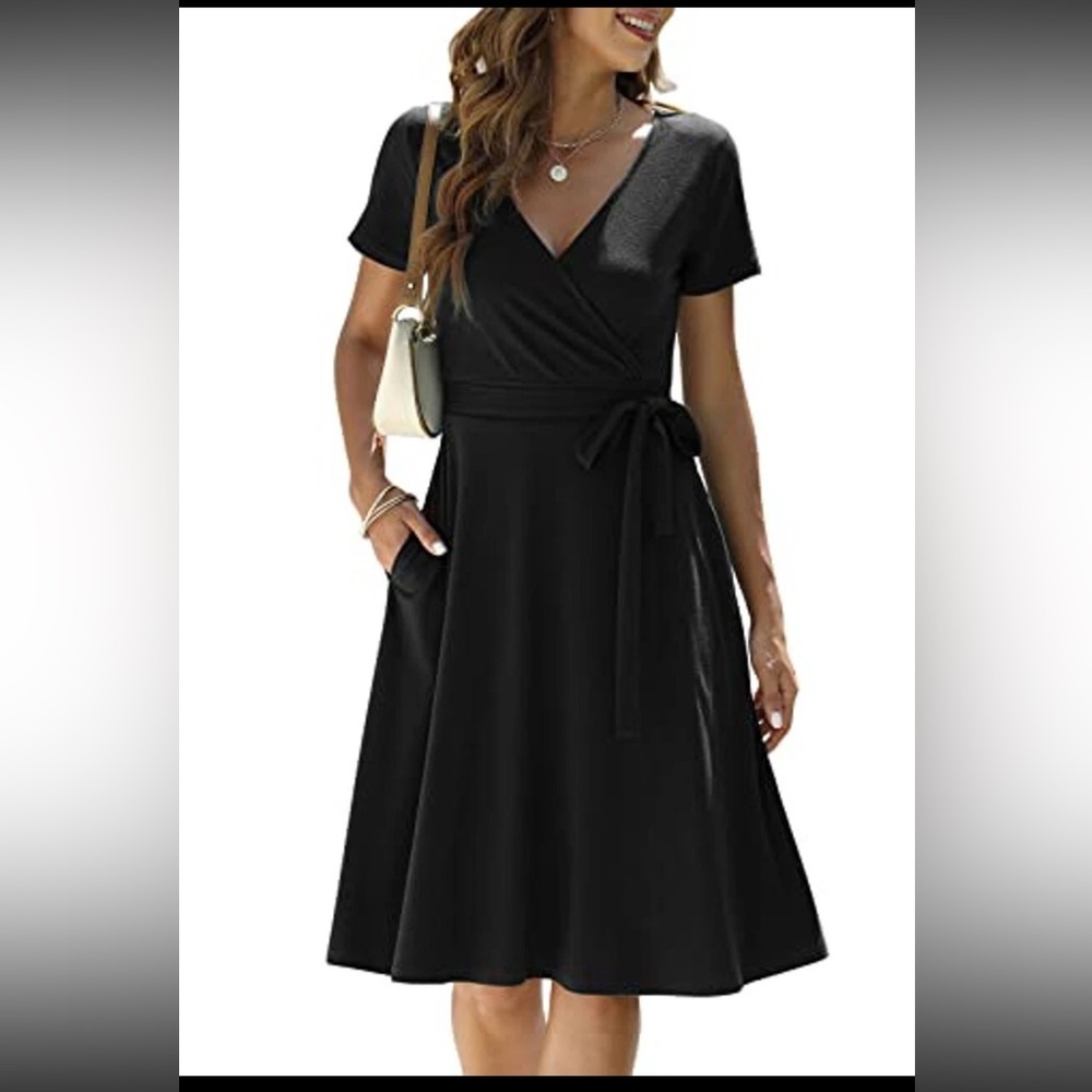 NWT MANYDRESS Black A-Line Midi Wrap Dress with Tie Front Size M
